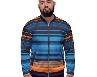 Kleurrijk unisex bomberjack - retro blauw en oranje gestreepte streetwear