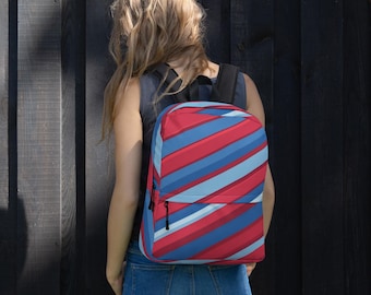 Red and Blue Diagonal Stripe Backpack - Trendy School and Travel Bag