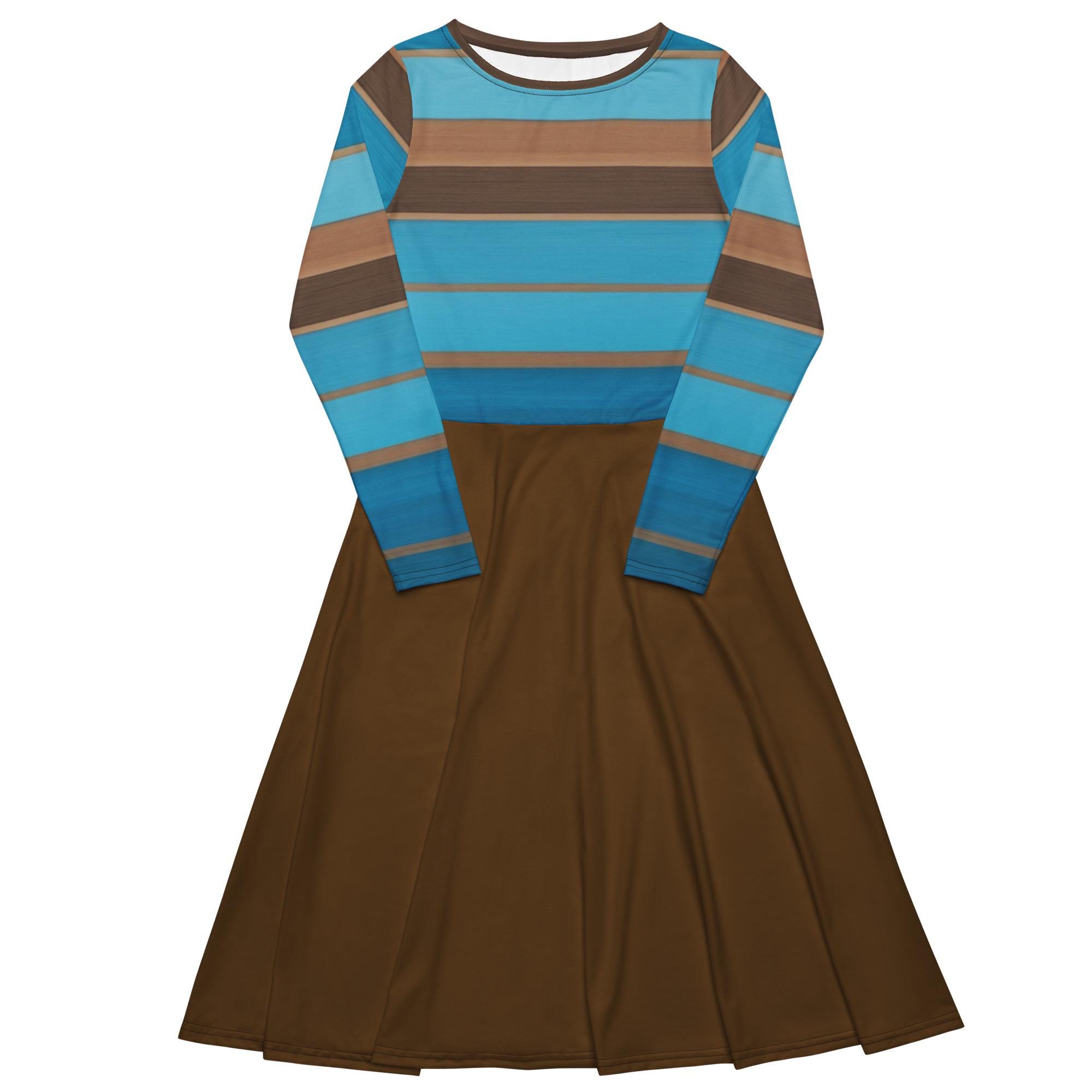 Blue and Brown Striped Midi Dress: Long Sleeve Jersey Knit with Pockets