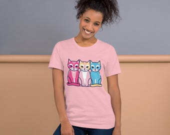 カラフルな抽象猫Tシャツ｜猫好きのためのアーティスティックなユニセックスTシャツ｜ファンキーな猫柄グラフィックシャツ