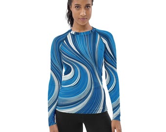 Cury Lines Women's Rash Guard - Blue and White Abstract Long Sleeve Swim Shirt