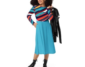 Multicolor Stripe on Blue Midi Dress with Pockets - Colorful Long Sleeve
