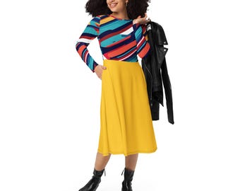 Multicolor Stripe on Yellow Midi Dress with Pockets - Colorful Long Sleeve