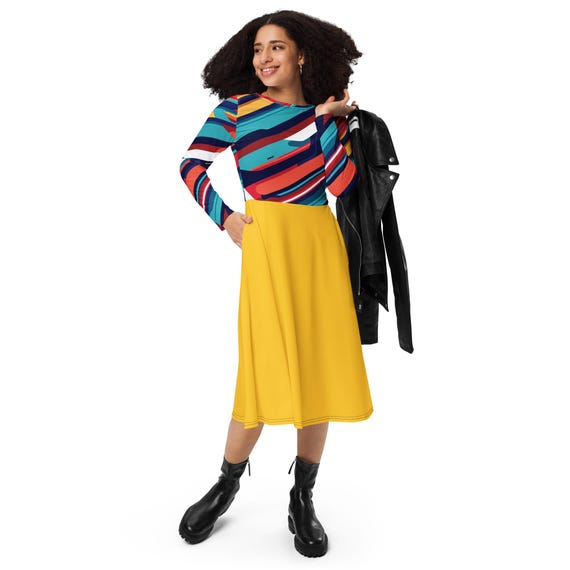 Multicolor Stripe on Yellow Midi Dress With Pockets - Colorful Long Sleeve  - Etsy New Zealand