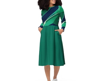 blue and brown fall dress NEFERTITI NAVY BLUE AND ORANGE MIDI DRESS main image 0