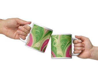 Taza de cerámica con estampado paisley rosa y verde - Boho Chic - Taza blanca brillante