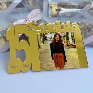 Custom gold birthday photo frame favors, Sweet 16 favors, Personalized photo frame, Quinceañera favors, Frame magnet, First birthday favors