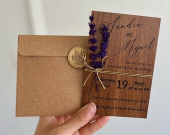 Wood Engraved Wedding Invitation with Lavender: Personalized Save the Date