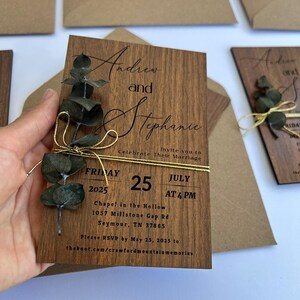 Eucalyptus Wedding Invitation: Rustic Wooden Cards with Kraft Envelope, Save the Date