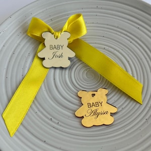 Teddy Bear Acrylic Mirror Name Tag With Satin Ribbon Bow, Gold Silver Name tag, Boy Birthday Teddy Bear, Baby Shower Tags, Acrylic Name Tag