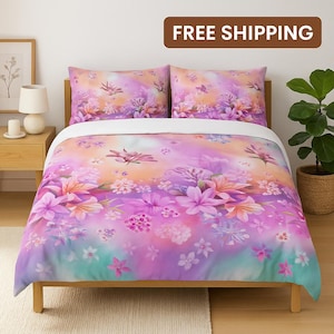 Floral Duvet Cover Set – Pastel Pink Purple Bedding | Cottagecore Boho Bedroom Decor | Queen, King, Twin Sizes