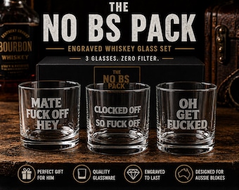No BS Pack Engraved Whiskey Glass Set | Funny Aussie Bourbon Gift
