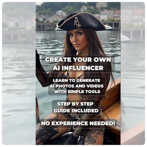 Könnte beinhalten: Bild zur Förderung der Erstellung von KI-Influencern. Der Text lautet: "ERSTELLE DEINEN EIGENEN KI-INFLUENCER", "LERNE, KI-FOTOS UND -VIDEOS MIT EINFACHEN TOOLS ZU ERSTELLEN", "SCHRITT-FÜR-SCHRITT-ANLEITUNG ENTHALTEN" und "KEINE ERFAHRUNG ERFORDERLICH!" Das Bild zeigt eine Person mit Piratenhut.