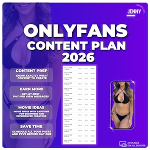 Peut inclure: Un document de plan de contenu numérique intitulé ONLYFANS CONTENT PLAN 2026 sur fond violet. Il comprend des sections de texte pour la préparation, les gains, les idées de vidéos et la planification, avec un tableau et un graphique de smartphone.