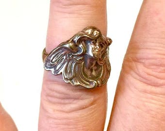 Choice shibuichi or silver art nouveau victorian antique style old world guardian angel fairy lady face flowing hair relic ring goddess