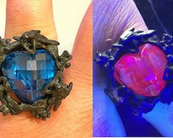 Dark Night Music Fairy goth black rhodium color change blue topaz heart glows blood red  vampire stone - diamonds in flowers