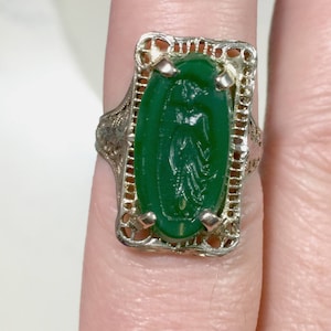 14 kt antique white gold filigree edwardian green jade glass intaglio lady woman in flowing robes, cameo ring Lay away, for old gold price