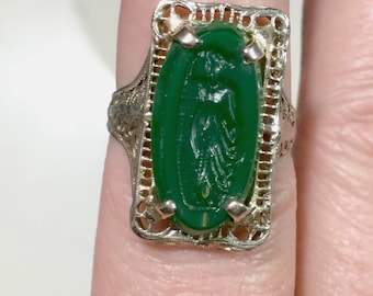 14 kt antique white gold filigree edwardian green jade glass intaglio lady woman in flowing robes, cameo ring Lay away, for old gold price