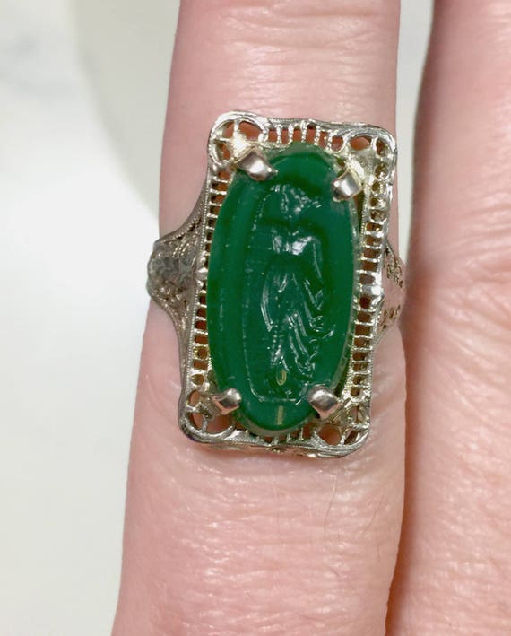 14 kt antique white gold filigree edwardian green… - image 1