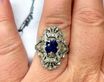 Edwardian art deco belle epoque blue sapphire diamond filigree alternative wedding ring antique vintage style Gatsby, old gold price