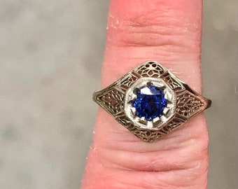 14K White Gold Filigree Antique blue sapphire alternative Engagement ,Wedding Ring  Feminine Floral Engraving pierced filigree