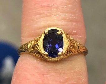 antique vintage yellow gold edwardian art deco filigree iolite alternative engagement wedding bridal ring custom matching band available