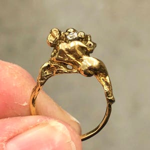 Antique French 18kt gold art nouveau diamond nude fairy lady flowing hair rose ring Old European cut diamond Mucha wedding engagement ring image 7