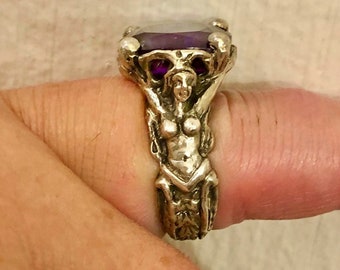 art nouveau style caryatid maiden mermaid ring alexandrite alternative mermaid wedding engagement mermaid jewelry, old silver price