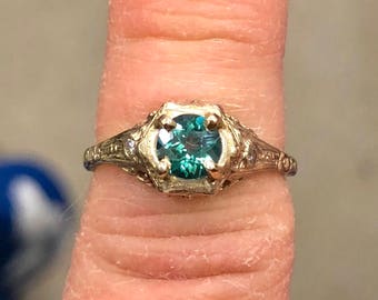 Teal tourmaline filigree edwardian vintage art deco white gold alternative promise engagement wedding ring diamond accents,floral engraving