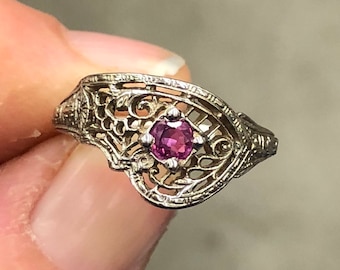 Art Deco Edwardian vintage ruby engraved filigree alternative bridal engagement wedding ring,matching band available lay away Xmas