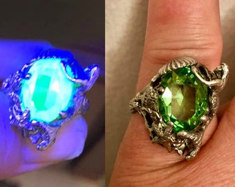 Art Nouveau mermaid glowing wish pool uranium glass treasure sea horse starfish shell ring alternate peridot August birthstone