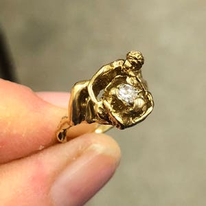 Antique French 18kt gold art nouveau diamond nude fairy lady flowing hair rose ring Old European cut diamond Mucha wedding engagement ring image 8