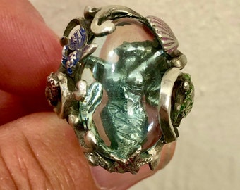 Magic blue crystal waters mermaid ring art nouveau siren starfish seahorse sea turtle fish shell ocean beach nautical UV glows wish pool