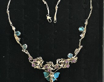 Rhapsody in blue, fantasy cut blue topaz opal amethyst nouveau nude lady flower fairy butterfly vine scroll necklace opal wings,