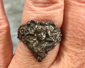 art nouveau Mucha lady woman flower fairy face floral heart ring with flowing hair detailed flower shank made to order shibuichi relic