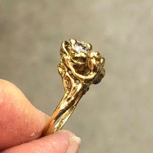 Antique French 18kt gold art nouveau diamond nude fairy lady flowing hair rose ring Old European cut diamond Mucha wedding engagement ring image 10