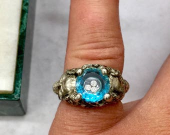 nouveau pirate goth skull flower vine wedding engagement ring DANCING FLOATING secret DIAMONDS blue topaz Victorian memento mori,