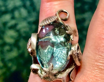 Blue Seas Siren Song Mermaid art nouveau seahorse sea turtle shell starfish blue magic UV color change crystal scroll wave wish pool ring