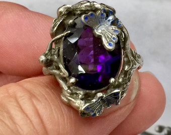 Art nouveau Mucha nude fairy lady fantasy fairy nymph butterfly secret garden enchanted wish pool ring floral flower, old silver pricing.