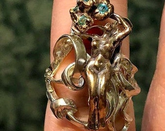 Art Nouveau nude lady flowing hair Venus siren song waves flowers scroll ring blue zircon  silver shibuichi Carrera Masriera style Mucha