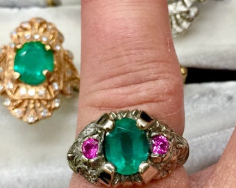 Art nouveau 3 carat emerald ,pink sapphire floral flower goddess fairy face flowing hair ring ,old gold price