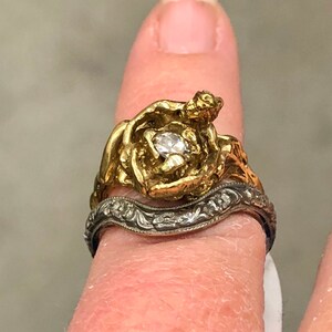Antique French 18kt gold art nouveau diamond nude fairy lady flowing hair rose ring Old European cut diamond Mucha wedding engagement ring image 2
