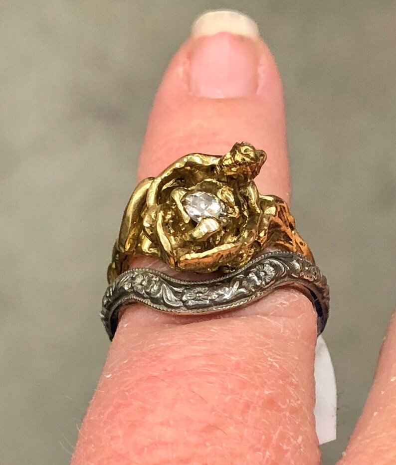 Antique French 18kt gold art nouveau diamond nude fairy lady flowing hair rose ring Old European cut diamond Mucha wedding engagement ring image 2