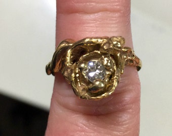 Antique French 18kt gold art nouveau diamond nude fairy lady flowing hair rose ring Old European cut diamond Mucha wedding engagement ring