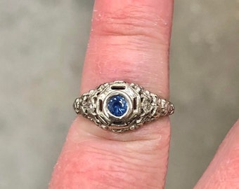 14K White Gold Filigree Antique blue sapphire alternative Engagement Promise,Wedding Ring Accented With Diamonds Feminine Floral Engraving.