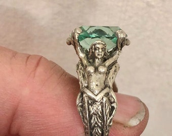Art Nouveau style, aqua uranium vaseline glass glowing maiden caryatid mermaid ring mermaid jewelry, old silver price