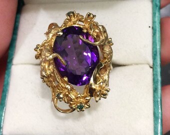 14 kt yellow gold nouveau mermaid ring sea garden flowers amethyst blue diamonds siren sisters  wishpool SALE, old gold price