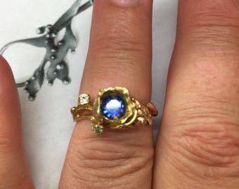 Nouveau antique romantic nude lady rose gold fairy sapphire diamond flower floral rose wedding bridal engagement ring lay away for Christmas