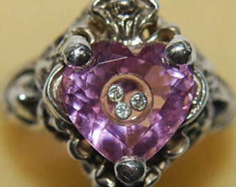 Art Nouveau style FLOATING DANCING DIAMONDS floral lady fairy heart ring face flower pink topaz heart wedding engagement, old silver price