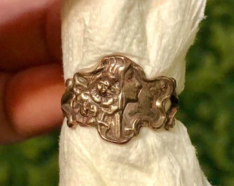 Art nouveau flower floral fairy lady girl face ring shibuichi flowing hair Mucha relic, copper  silver alloy,old copper / silver price